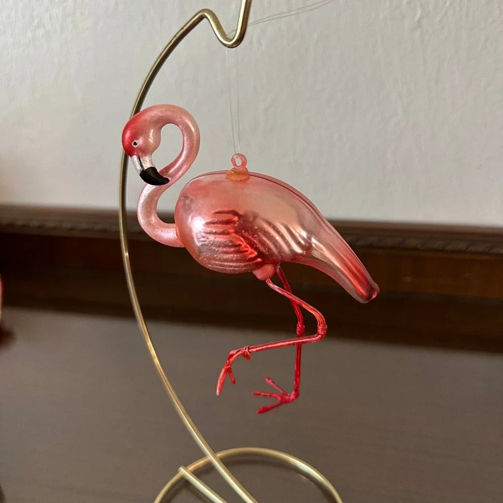 Pink Flamingo Glass Christmas Ornament Iridescent Tropical Bird Holiday 5.5''